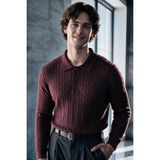 Menofours Wear Verona Erkek Old Money Premium Saç Örgü Desenli Düğmeli Polo Yaka Triko Kazak Bordo - XL