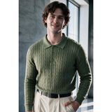Menofours Wear Verona Erkek Old Money Premium Saç Örgü Desenli Düğmeli Polo Yaka Triko Kazak Haki - XL