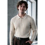 Menofours Wear Verona Erkek Old Money Premium Saç Örgü Desenli Düğmeli Polo Yaka Triko Kazak Krem