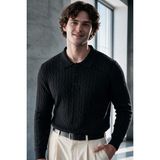 Menofours Wear Verona Erkek Old Money Premium Saç Örgü Desenli Düğmeli Polo Yaka Triko Kazak Siyah - XL