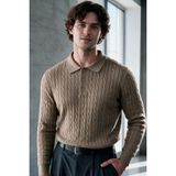 Menofours Wear Verona Erkek Old Money Premium Saç Örgü Desenli Düğmeli Polo Yaka Triko Kazak Vizon