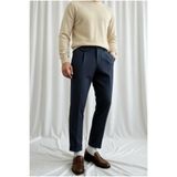 MENOFOURSWEAR Erkek Regular-Fit Premium Old Money Cep Detaylı Double Paça Kumaş Pantolon Lacivert