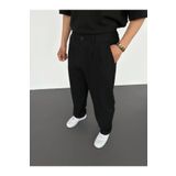 MENOFOURSWEAR Erkek Siyah Pileli Baggy Kumaş Pantolon