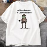 Men's T-Shirt Hold On Partner Im Overstimulated Funny Meme Graphic T Shirts Cowboy Frog T Shi 2834 - Beyaz - XL