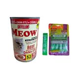 Meow Tahılsız Dana Etli Ciğerli Pate Kedi Konserve 400G, 2 Adet Tavuklu ve Morina Balıklı Krema Kedi Ödülü