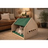 MeoWood Ahşap Kedi Evi –Renkli Kumaş - Modern İç Mekan Kedi Yuvası - - Yeşil
