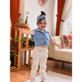 Meqlife Bağlamalı Kız Çocuk Gömlek Krop Bandana Hediye Bebe Mavi - 9 - 10 Yaş