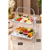 Meralles Büyük Boy Lüks Gümüş Ayaklı İki Katlı Şık Mika Sunumluk Etajer , Tatlı , Kahve Kurabiyelik Kahvaltı İkram Tepsisi Standı Söz Nişan Sunum Tepsi 25x27x35 cm