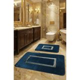 Meram Kaymaz Taban, Emici 2'li Ultra Lüks Deri Detaylı Banyo Paspası Seti Mavi-Gold 60x100 cm ve 50x60 cm