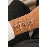 Merand Kadın Rose Gold Renk 5’li Çelik Bileklik Seti Zirkon Taşlı Nazar Boncuklu Kelebek Kalp ve Su Yolu Model Kombin Takı
