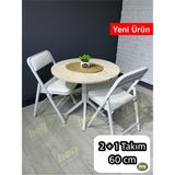 Mercan 2 Kişilik Yuvarlak Mutfak Yemek Masası Takımı 2+1 Traverten Beyaz Deri 60 cm - Traverten - Beyaz