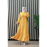 mercan moda AYLA ELBİSE Viskon Kumaş Kadın Sarı Çiçek Desenli Yaka Açılabilir Düğmeli Beli Bağcıklı Tesettür Elbise