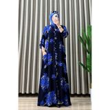 mercan moda ÇAĞLA ELBİSE Viskon Kumaş Kadın Lacivert Çiçek Desenli Boydan Açılabilir Düğmeli ve Cepli Tesettür Elbise