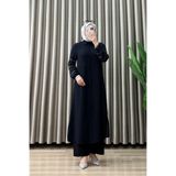 mercan moda FERİHA TAKIM Ayrobin Kumaş Kadın Siyah Boydan Açılabilir Gizli Düğmeli Ve Kolları Boncuk Detaylı Uzun Tunik Pantolon Tesettür Takım
