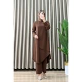 mercan moda NURCAN TAKIM Dubai Kumaş Kadın kahverengi Kruvaze Görünümlü Tunik Pantolon Tesettür İkili Takım