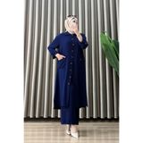 mercan moda SEVDA TAKIM Lacivert Ayrobin Kumaş Kadın Cep Detaylı Ve Düğmeli Tunik Pantolon Tesettür İkili Takım