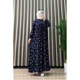 mercan moda YONCA ELBİSE Viskon Kumaş Kadın Lacivert Çiçek Desenli Yaka Açılabilir Düğmeli Rahat Kesim Tesettür Elbise