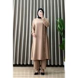 mercan moda ZELİHA TAKIM Krep Kumaş Camel Kadın Yapıştırma Taş ve Fırfır Detaylı Pantolonlu Tesettür İkili Takım