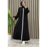 Mercan ŞERİTLİ ELBİSE Kristal Kumaş Kadın Siyah Şerit Detaylı Kolları Lastikli Spor Elbise