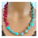 Mercan ve turkuaz taşlı, kadınlar için doğal taş kolye (Kırmızı-Mavi)