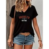 Mercoledi Brooklyn New York Baskılı Kadın Oversize V Yaka T-Shırt - Siyah