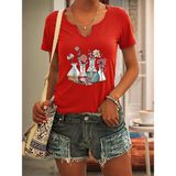 Mercoledi Kadın Beher Çiçek Baskılı Yarım V-Yaka Kollu Regular Kalıp Rahat T-Shirt - Kırmızı - 4XL