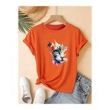 mercoledi Kadın Kedi Çiçek Kelebek Baskılı Bisiklet Yaka Regular Kalıp Oversize T-shirt
