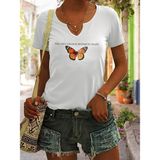 Mercoledi Kadın Kelebek Baskılı Yarım V-Yaka Kollu Regular Kalıp Rahat T-Shirt - Beyaz