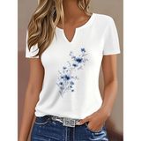 Mercoledi Kadın Mavi Çiçek Baskılı Kısa Kollu Regular Kalıp T-Shirt Günlük Rahat Kullanım %50 Pamuk %50 Polyester - Beyaz