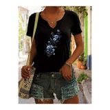 mercoledi Kadın Mavi Çiçek Baskılı Yarım V-Yaka Kollu Regular Kalıp Rahat T-shirt