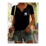 mercoledi Kadın Minimal Çiçek Baskılı Yarım V-Yaka Kollu Regular Kalıp Rahat T-shirt