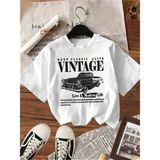Mercoledi Vintage Araba Baskılı Oversize Bisiklet Yaka T-Shirt - Beyaz