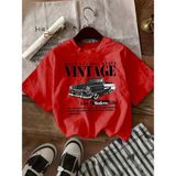 Mercoledi Vintage Araba Baskılı Oversize Bisiklet Yaka T-Shirt - Kırmızı
