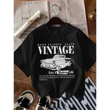 Mercoledi Vintage Araba Baskılı Oversize Bisiklet Yaka T-Shirt - Siyah