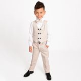 Merdia Kids Erkek Çocuk Smokin Takım Elbise 6 Düğmeli Yelekli Papyonlu Zincirli - Açık Bej - 4 Yaş
