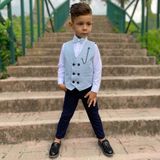 Merdia Kids Kare Desenli Zincirli 6 Düğmeli Yelekli Papyonlu Çocuk Smokin Takım - Açık Turkuaz - 10 Yaş