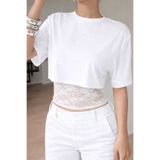 meren like your style Beyaz Crop Tişört Kadın Dantel Detaylı Yuvarlak Yaka Şık Üst Bluz