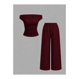 meren like your style bordo Yan Büzgülü Düsük Omuz Bol Pantolon Alt Üst Takim