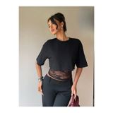 meren like your style Siyah Crop Tişört Kadın Dantel Detaylı Yuvarlak Yaka Şık Üst Bluz