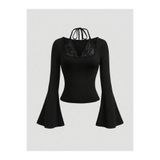 meren like your style siyah danteli detaylı ispanyol kol bluz