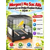 Mergen 1 No Sac Altlı Kanarya Ve Doğa Kuşları Kafesi Siyah (33 X 20 X 30 Cm – Camlı Ve Sürgülü Tepsili, 3 Ahşap Tünekli Kuş Kafesi)