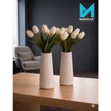 Mergen Art Dekoratif Çizgili Taş Tozu Vazo 17 cm Modern Salon Aksesuarı Çiçeklik, Pineterest Vazo - Beyaz