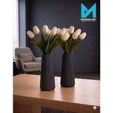 Mergen Art Dekoratif Çizgili Taş Tozu Vazo 17 cm Modern Salon Aksesuarı Çiçeklik, Pineterest Vazo - Siyah