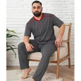 Meri Erkek Büyük Beden Gri Düğmeli Yakan Kısa Kol Pamuk Süprem Pijama Takımı - Antrasit - 2XL