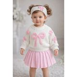Meriç Bebe Kız Bebek Fiyonklu Selanik Kazak Pileli Etek ve Saç Bandlı 3lü Triko Takım - Pembe - 6 - 12 Ay