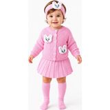 Meriç Bebe Kız Bebek Kedi Aksesuarlı Triko 4lü Takım Hırka Etek Çorap Saç Bandı - 6 - 12 Ay - Pembe