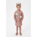 Meriç Bebe Kız Bebek Kedi Aksesuarlı Triko 4lü Takım Hırka Etek Çorap Saç Bandı - 6 - 12 Ay - Pudra