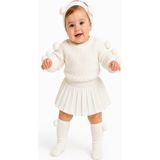 Meriç Bebe Kız Bebek Ponpon Detaylı Dikişsiz 4\'lü Triko Takım - Kazak, Pileli Etek, Saç Bandı ve Çorap - 12 - 18 Ay - Ekru