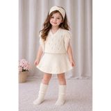 Meriç Bebe Kız Çocuk Triko 4\'lü Takım Püsküllü Süveter Beli Lastikli Etek Saç Bandı Çorap - 4 - 5 Yaş - Ekru