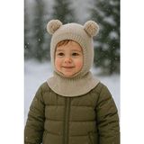 Meriç Bebe Kız-Erkek Çocuk Ponponlu Dikişsiz Bej Lüx Triko Balaklava Bere Kar Maskesi Kış Sezonu - 0 - 2 Yaş